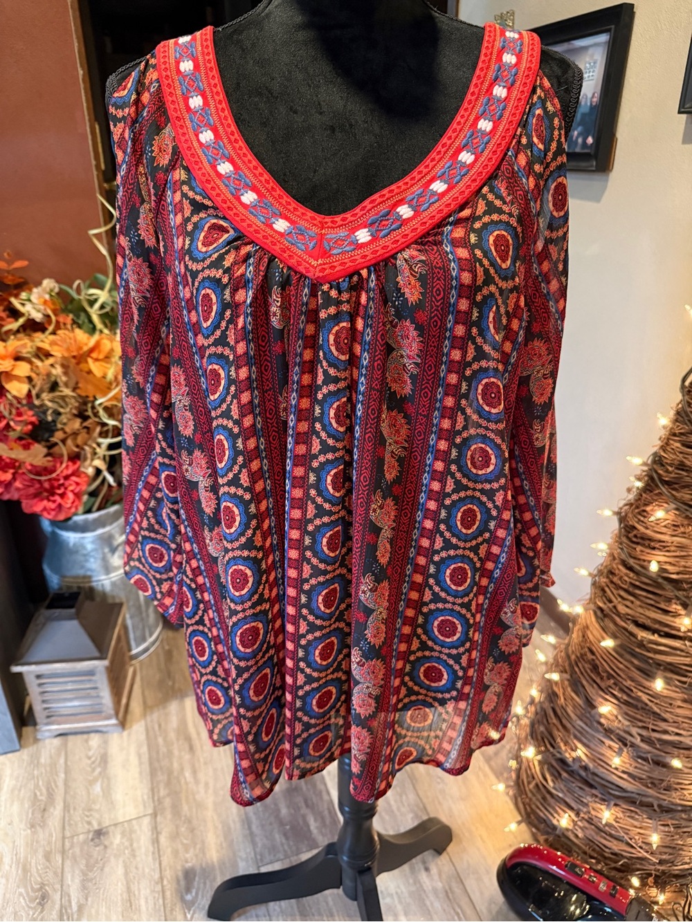 Red Floral-Print Boho Tunic Top with Embroidered Yoke